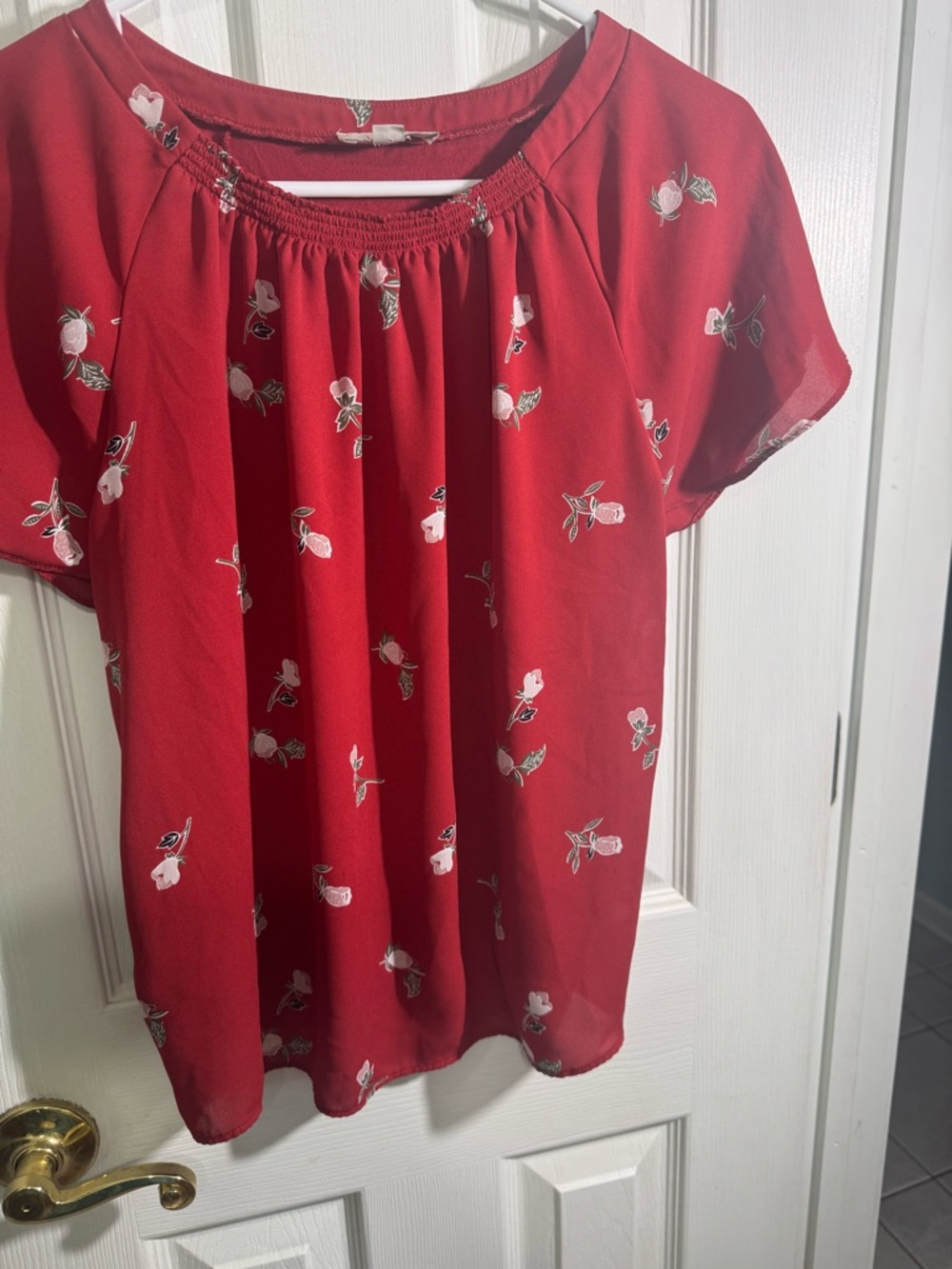 LOFT Red Floral Short-Sleeve Peasant Blouse